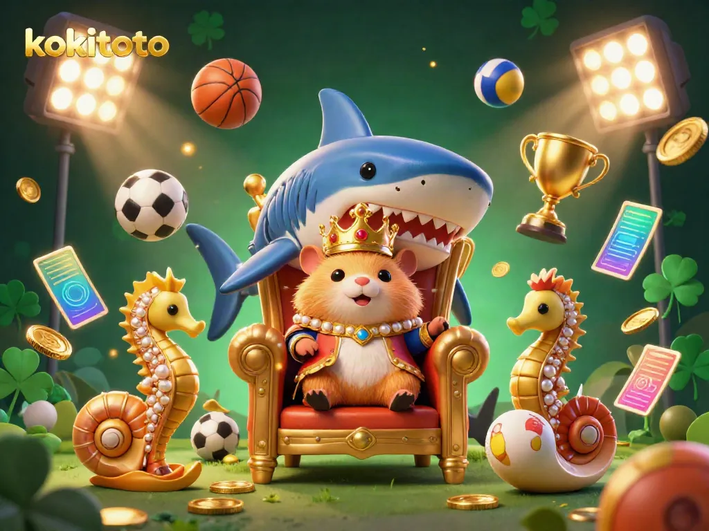 Kokitoto menyajikan ilustrasi 3D menarik dengan raja hamster emas yang duduk di atas mahkota, dikelilingi elemen olahraga.
