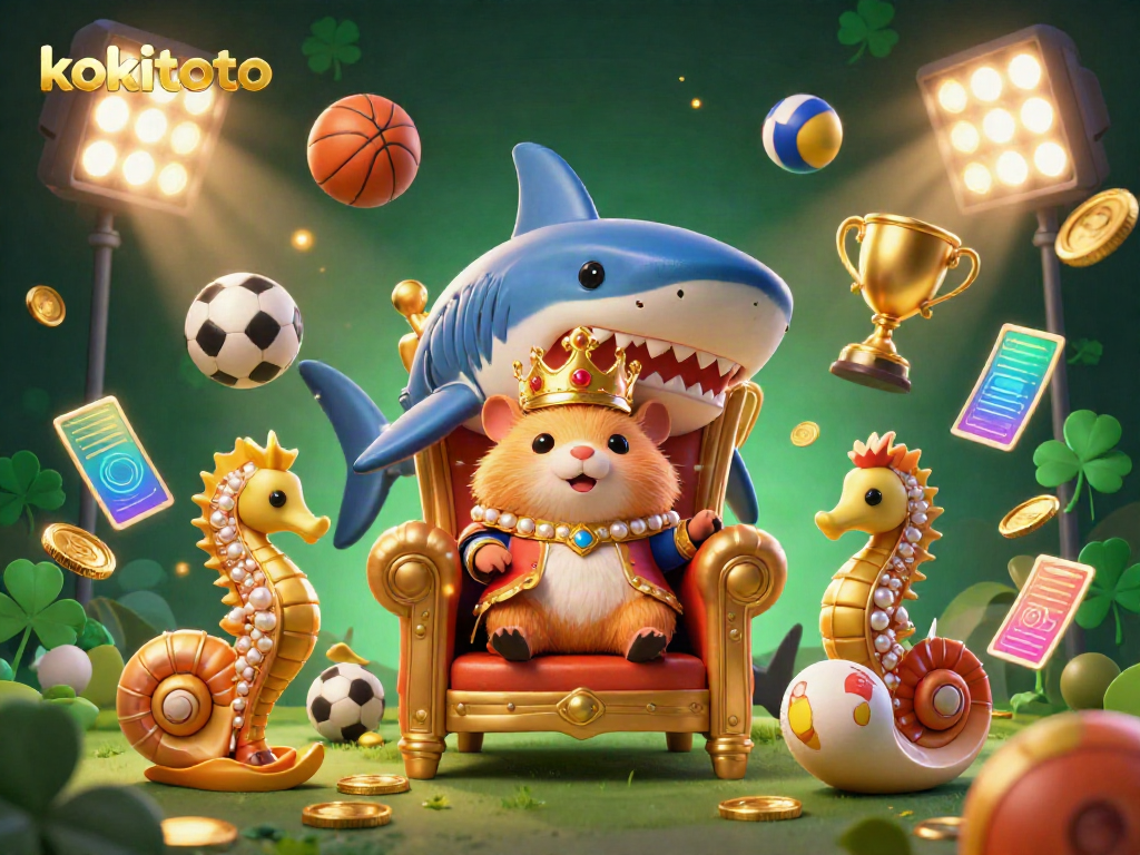 Kokitoto menyajikan ilustrasi 3D menarik dengan raja hamster emas yang duduk di atas mahkota, dikelilingi elemen olahraga.