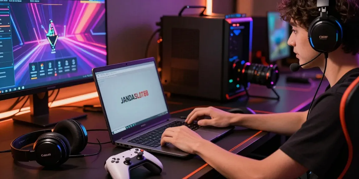 Pengalaman bermain jandaslot di PC dengan aksesori gaming modern dan suasana menarik.