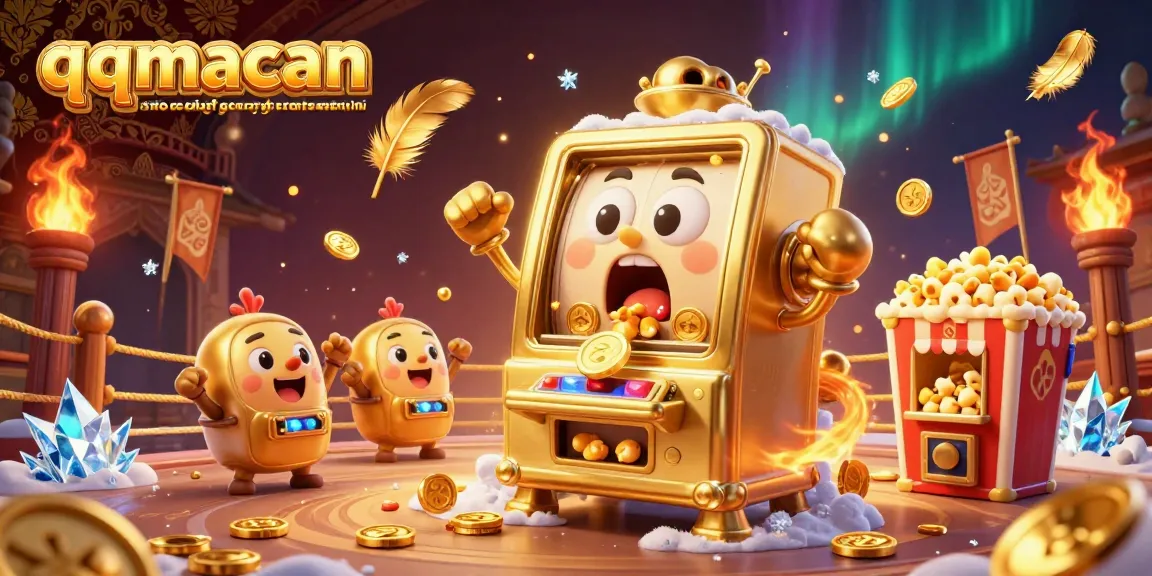 Jackpot excitement with qqmacan situs resmi toto slot gacor online terpercaya hari ini as a golden slot machine celebrates with coins.