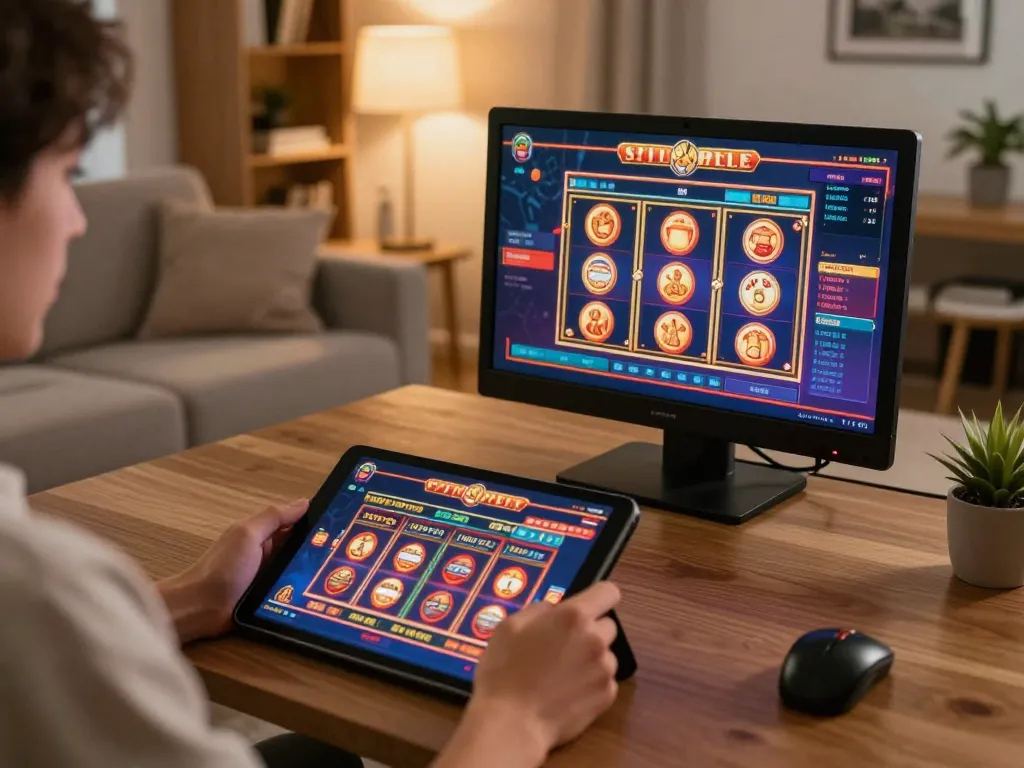 Player engaging with Sunwin online casino app on tablet, vibrant gaming graphics visible, cozy home setup.