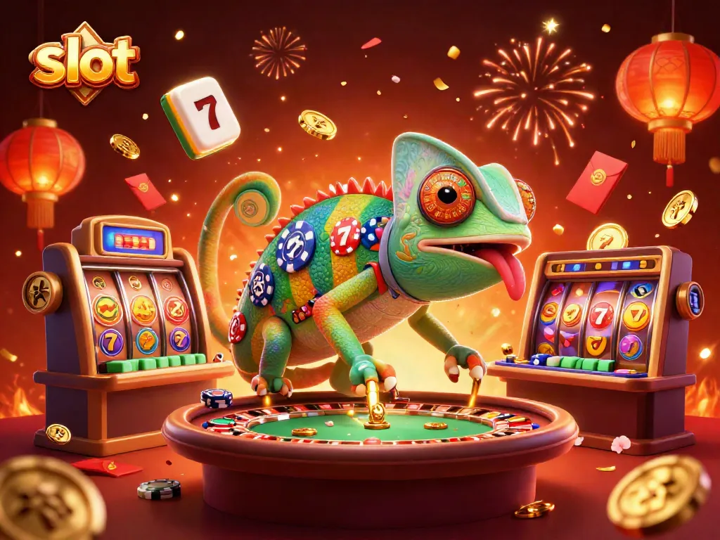 Menangkan jackpot slot dengan chameleon kasino yang dinamis, dikelilingi elemen keberuntungan.