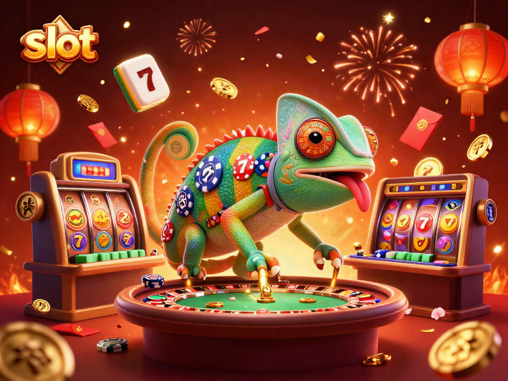 Menangkan jackpot slot dengan chameleon kasino yang dinamis, dikelilingi elemen keberuntungan.