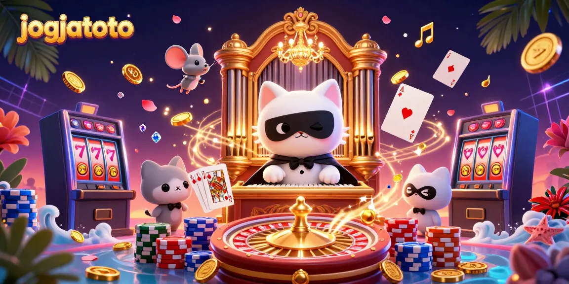 Engage with jogjatoto's dynamic casino scene featuring a whimsical cat and acrobat amidst golden coins and slot reels.