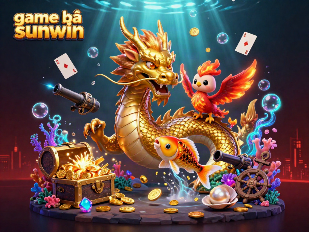 Engage in the vibrant game bài sunwin with vivid 3D dragon and phoenix amidst gold coins and cards.