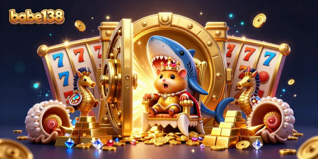 Gambar menarik dari raja hamster emas di takhta gigi hiu, simbol slot dan harta karun di babe138.