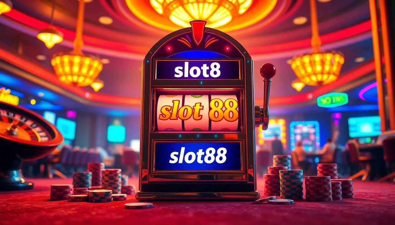 Spin the vibrant slot88 machine surrounded by a luxurious casino atmosphere, enhancing excitement and thrill.