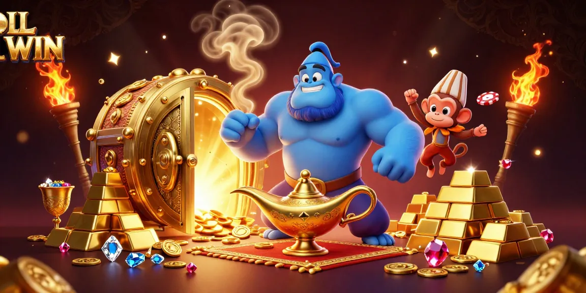 LL WIN brings excitement to gambling with a dynamic scene featuring a genie, treasures, and poker chips.