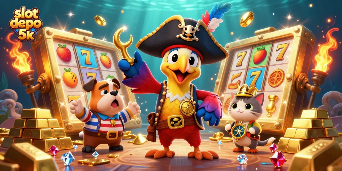 Engage in exhilarating gameplay at slot depo 5k with vibrant 3D characters amidst treasure and slot reels.