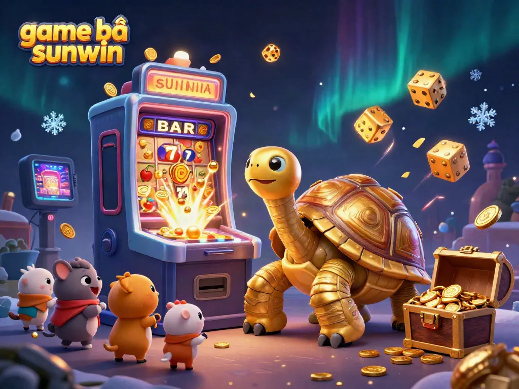 Engage with game bài sunwin in an exciting scene featuring a dynamic pinball tortoise, slot machine, and festive elements.