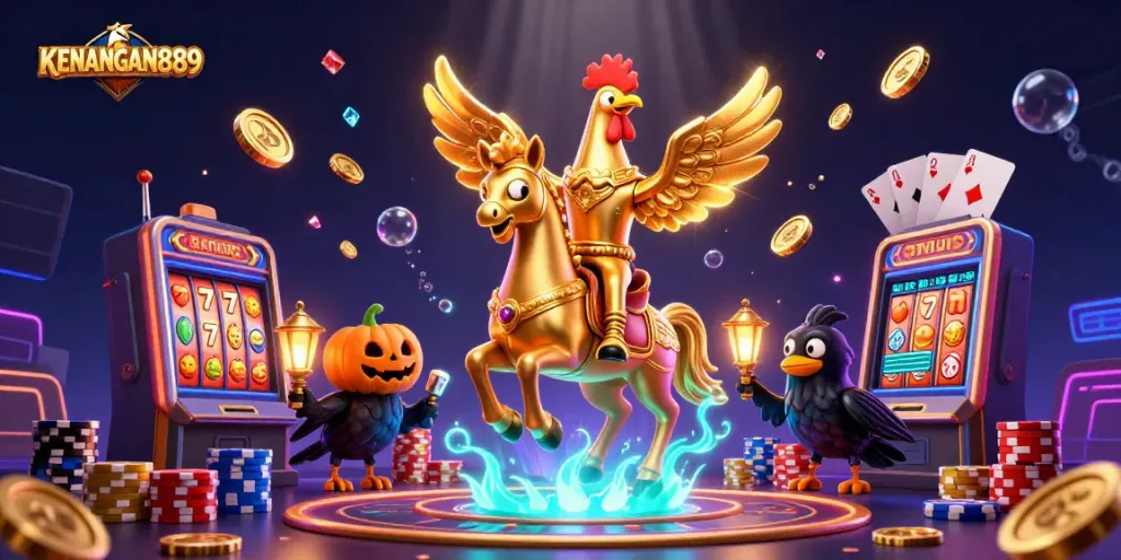 Spin and win with KENANGAN889 in this vibrant casino-themed illustration featuring dynamic gaming elements.