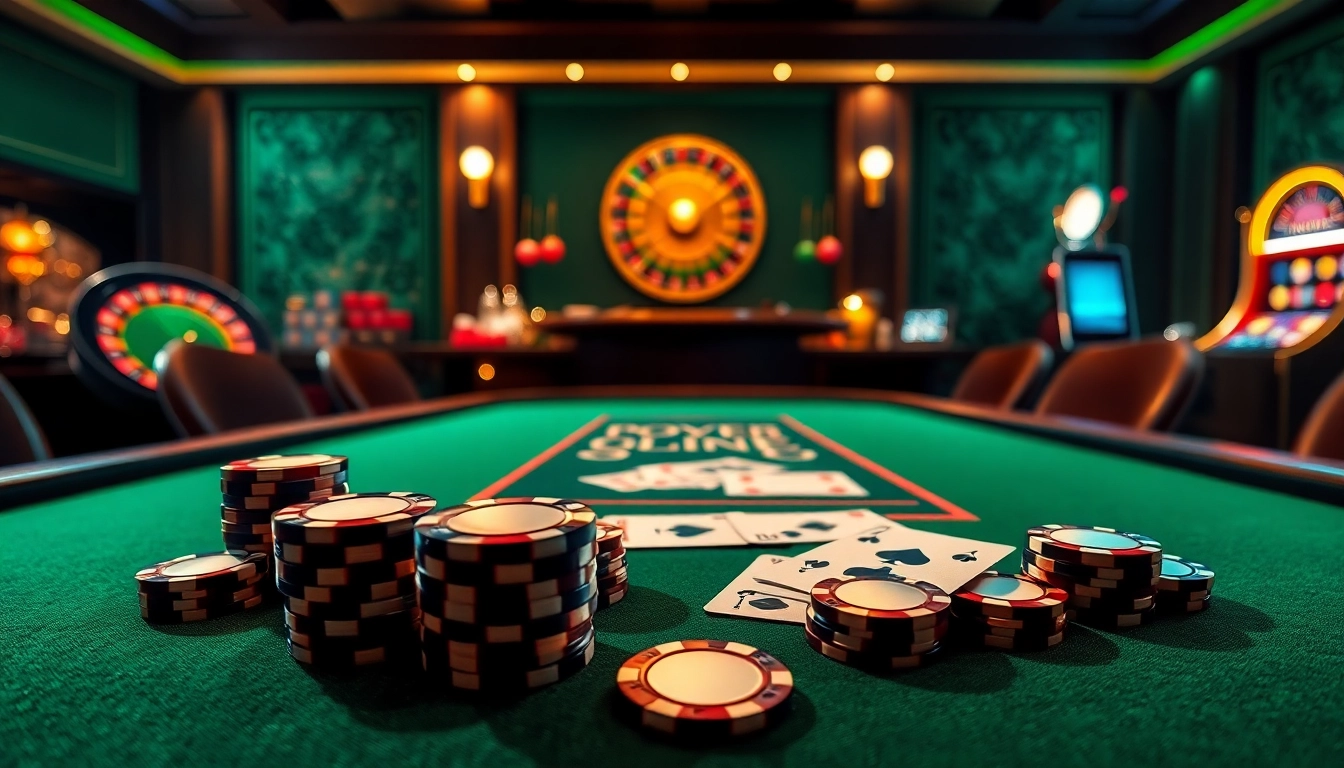Experience poker online with an elegant virtual table, casino chips, and warm lighting.