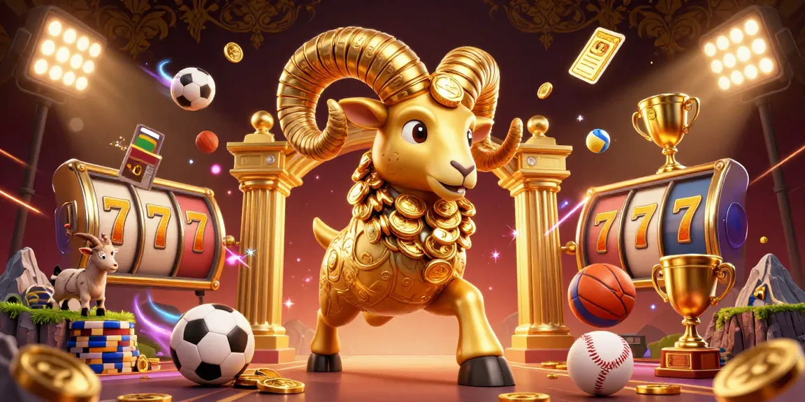 Win with bolaslot99 slot as golden ram charges through a vibrant casino scene packed with slot reels and sports elements.