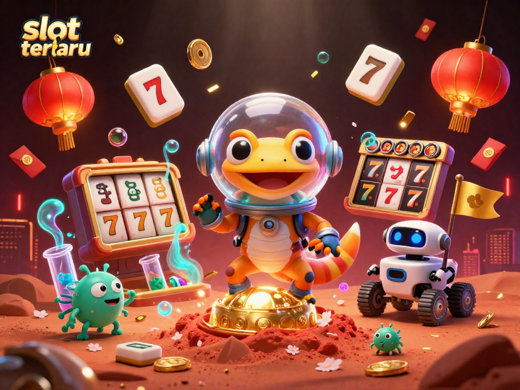 Experience the excitement of slot terbaru with vibrant 3D illustration featuring fun Martian characters and casino elements.