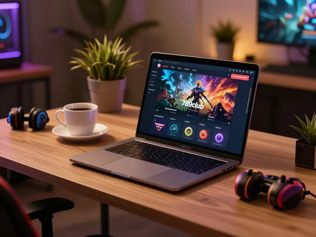 Engaged player at 789club online casino gaming setup with laptop and accessories.