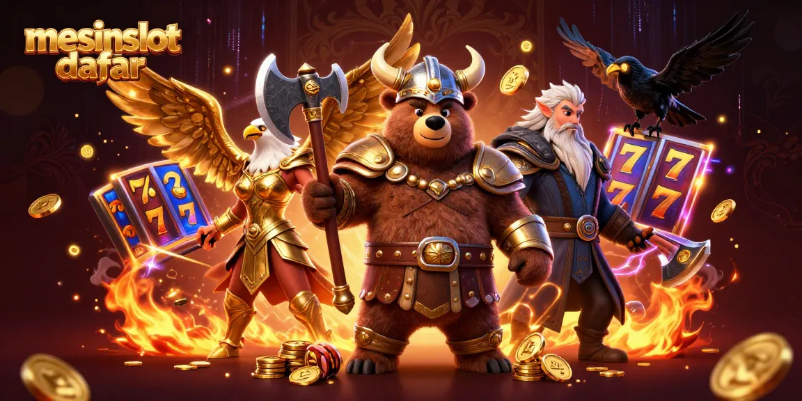 Experience the excitement of mesinslot daftar with a vibrant casino scene featuring a Viking bear and Valkyrie eagle.