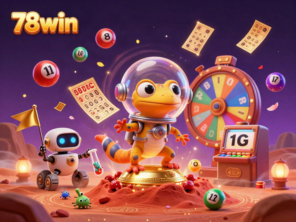 Experience the excitement of 78win with a cartoon Martian gecko discovering a buried golden casino on Mars.