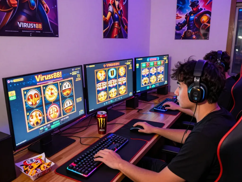 Gamer berinteraksi dengan permainan slot Virus88 dalam pengaturan permainan yang bercahaya dan energik.