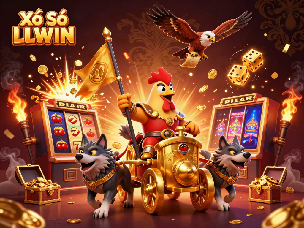 Xổ Số LLWIN presents an epic scene with a rooster warlord amidst a dynamic slot machine explosion and gambling symbols.