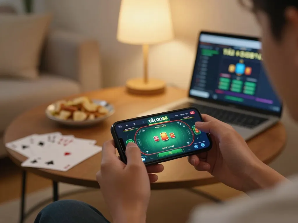 TẢI GO88 for online poker gaming on a smartphone in a cozy home setting