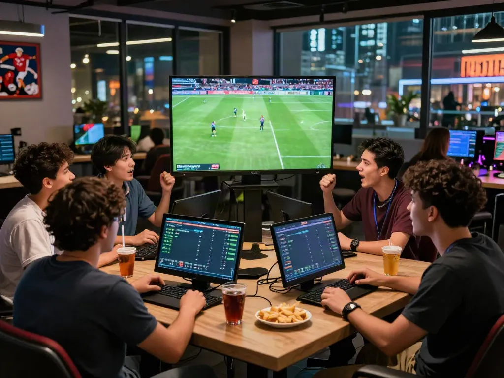 Suasana taruhan olahraga online di lounge modern dengan pemain antusias menonton pertandingan, smartphone dan minuman tersedia, menunjukkan kantorbola.