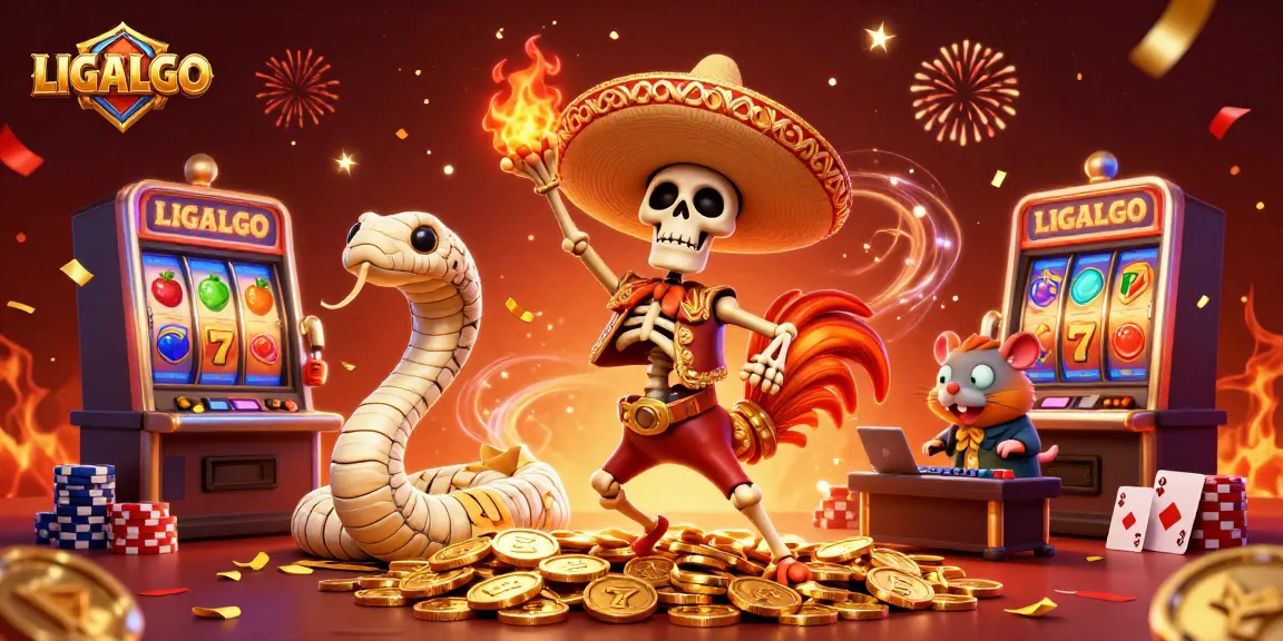 LIGALGO showcases a lively casino scene with a skeleton mariachi, mummy snake, and zombie hamster DJ celebrating wins.