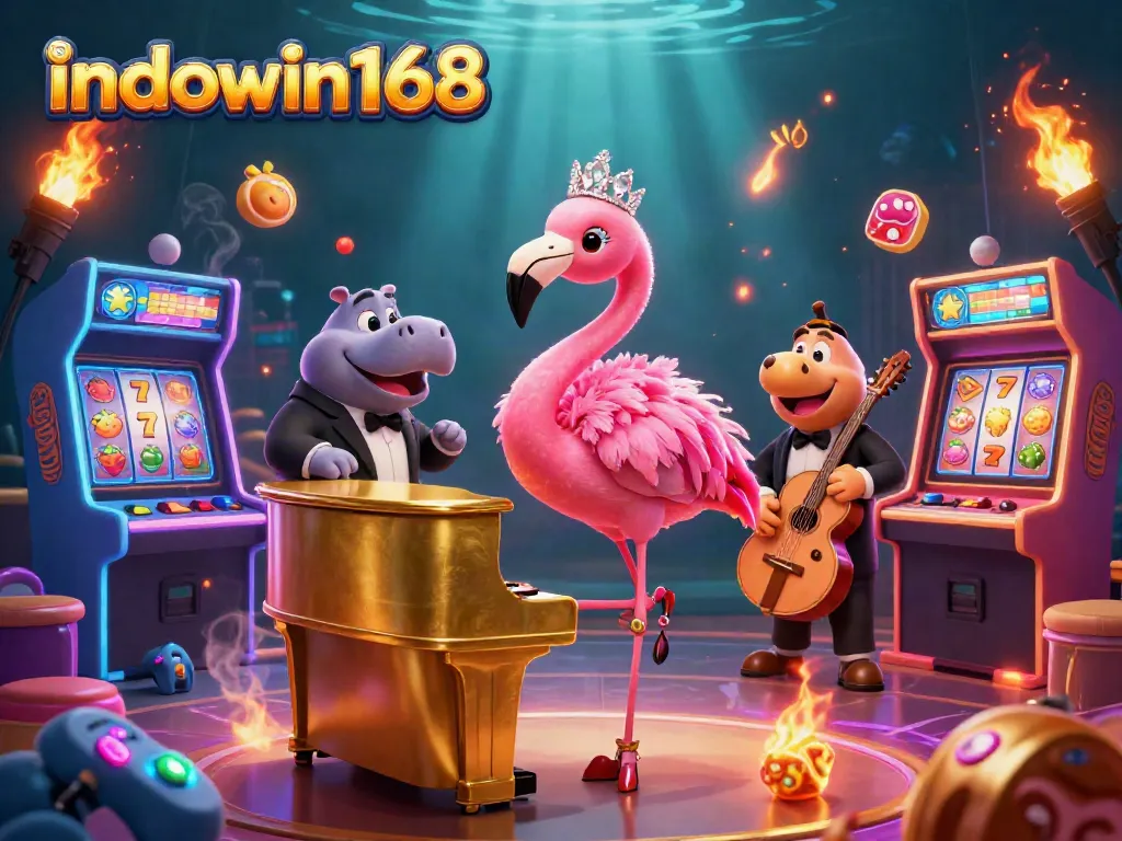 Join the excitement with indowin168's vibrant casino scene featuring lively characters and colorful game elements.