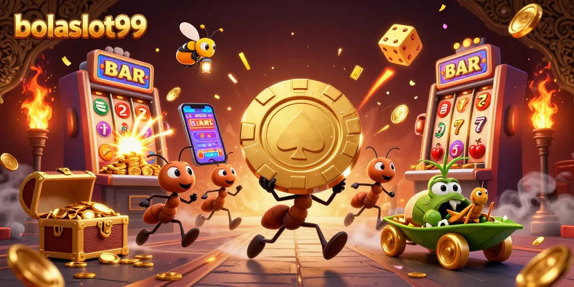 Creating excitement and winning moments with bolaslot99 as ants heist a golden poker chip amidst casino elements.