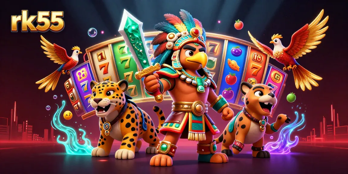 Experience the thrill of rk55 with vibrant Aztec warriors, slot reels, and jackpot excitement.