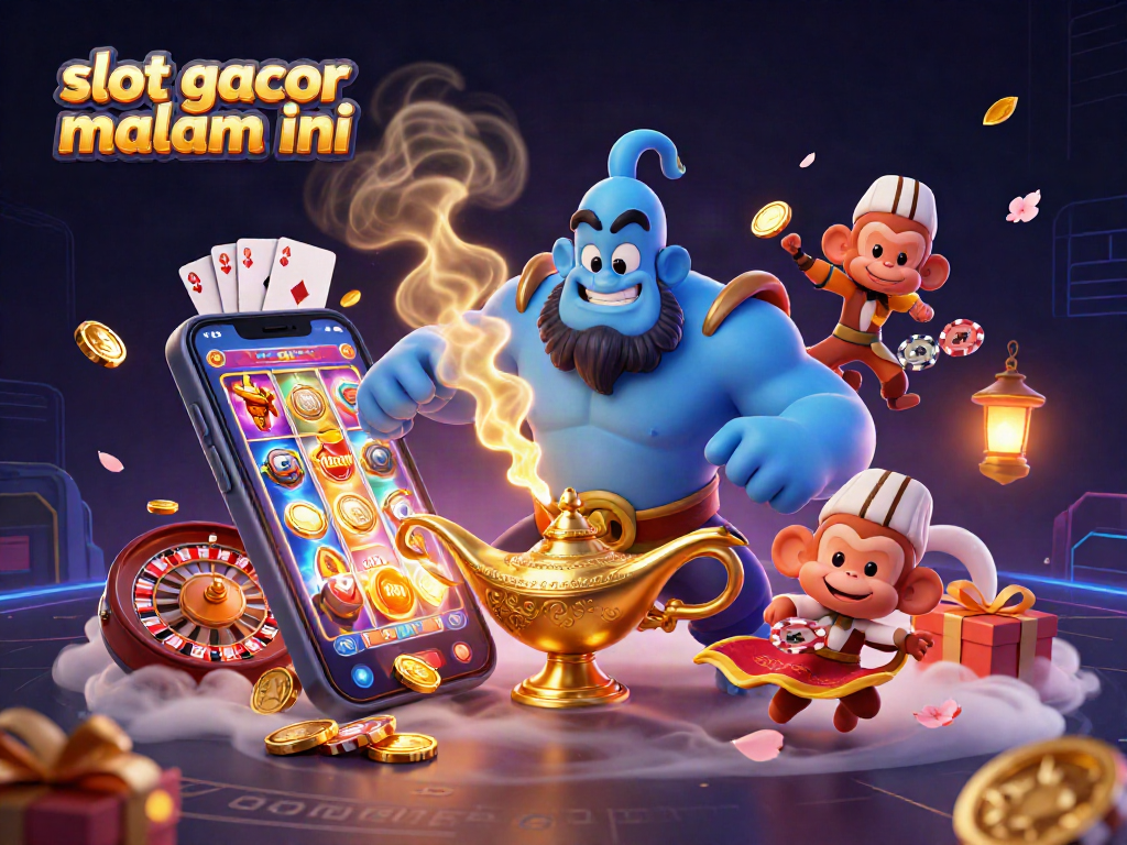 Menggoda keberuntungan slot gacor malam ini dengan gambar ilustrasi kasino yang penuh warna dan elemen gameplay.