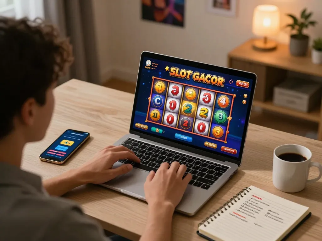 Engaged player enjoying Slot Gacor gameplay on a laptop in a cozy home office environment.