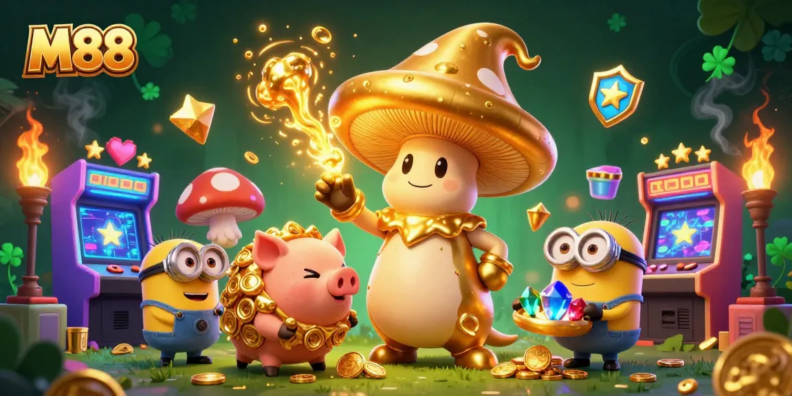 M88 wizard unleashes treasure magic in vibrant casino scene, with glowing gaming elements.