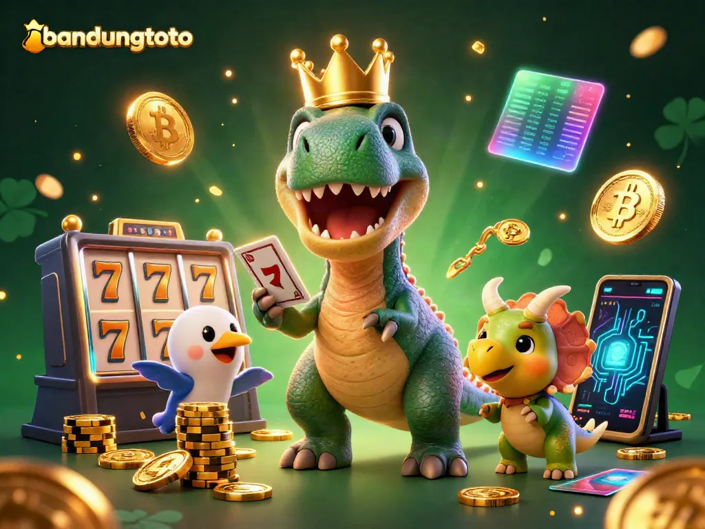 Win with bandungtoto as a T-Rex shuffles cards and friends stack golden chips in a lively scene.