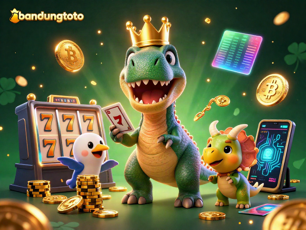 Win with bandungtoto as a T-Rex shuffles cards and friends stack golden chips in a lively scene.
