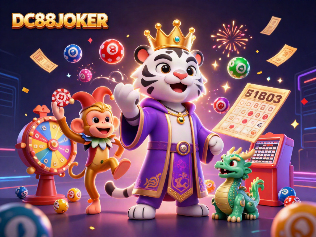 Engage with DC88JOKER's vibrant gambling world in this dynamic 3D illustration featuring a tiger, monkey, and jade dragon.