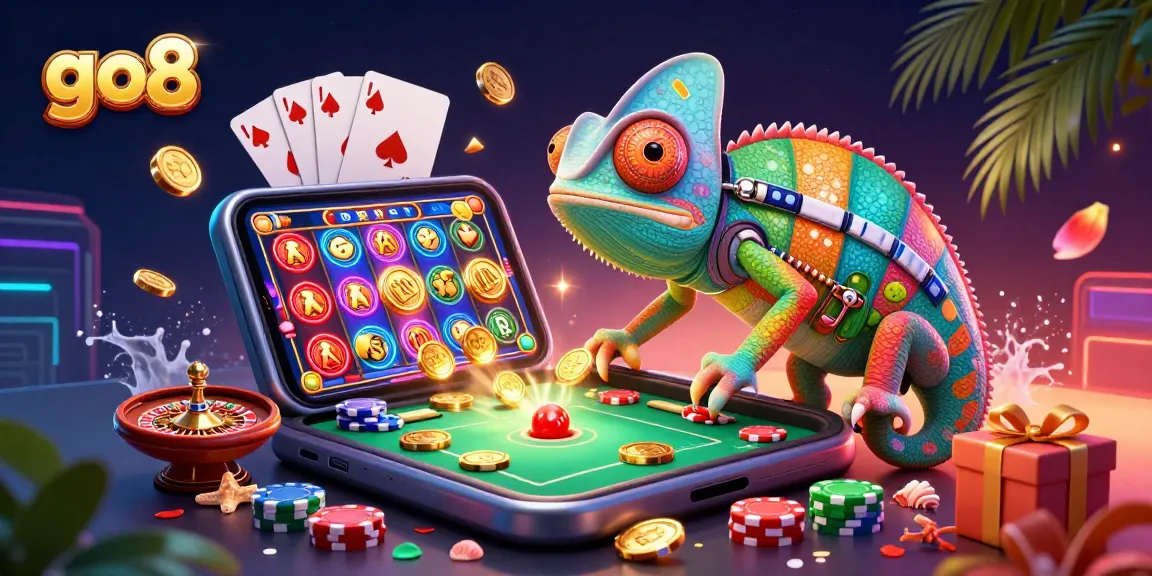 Engage in thrilling gameplay at go8, featuring vibrant 3D casino elements with chameleon character and dynamic slot games.