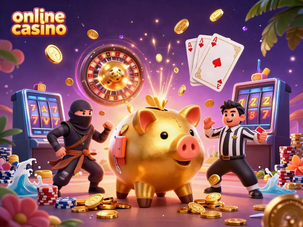 Engage with thrilling online casino action represented by a golden piggy bank sumo wrestler, wallet-ninja, and credit-card samurai.