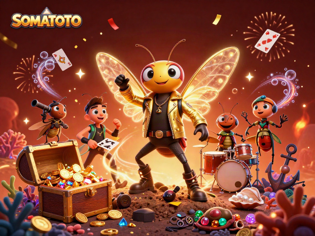 SOMATOTO showcases a vibrant 3D casino scene featuring a rock star cicada with electric wings, symbolizing exciting gaming.
