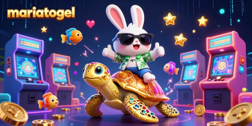 Join the fun at MARIATOGEL, where a lucky rabbit rides a golden turtle amidst colorful gaming elements in a lively casino atmosphere.