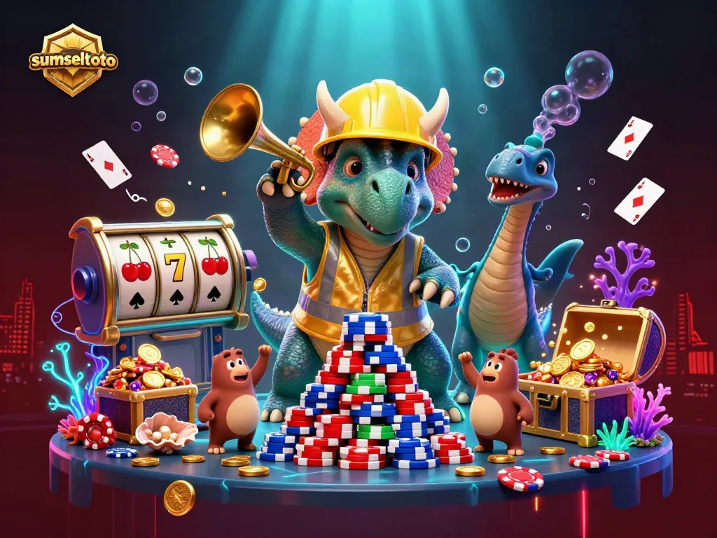 Sumseltoto celebrates with a triceratops stacking poker chips amidst vibrant casino elements.