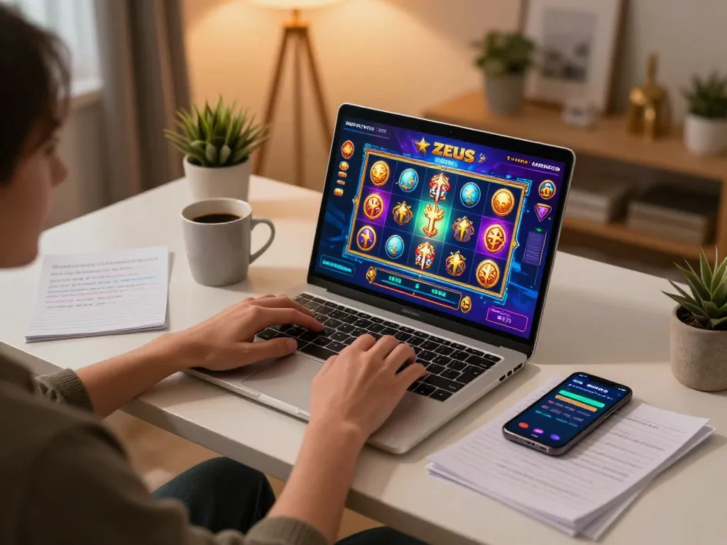 Engaging gameplay on slot zeus in a modern home setup with vibrant graphics and strategic notes.