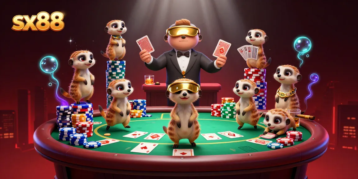 SX88 meerkats operate a vibrant casino, showcasing poker action and dynamic gaming elements.