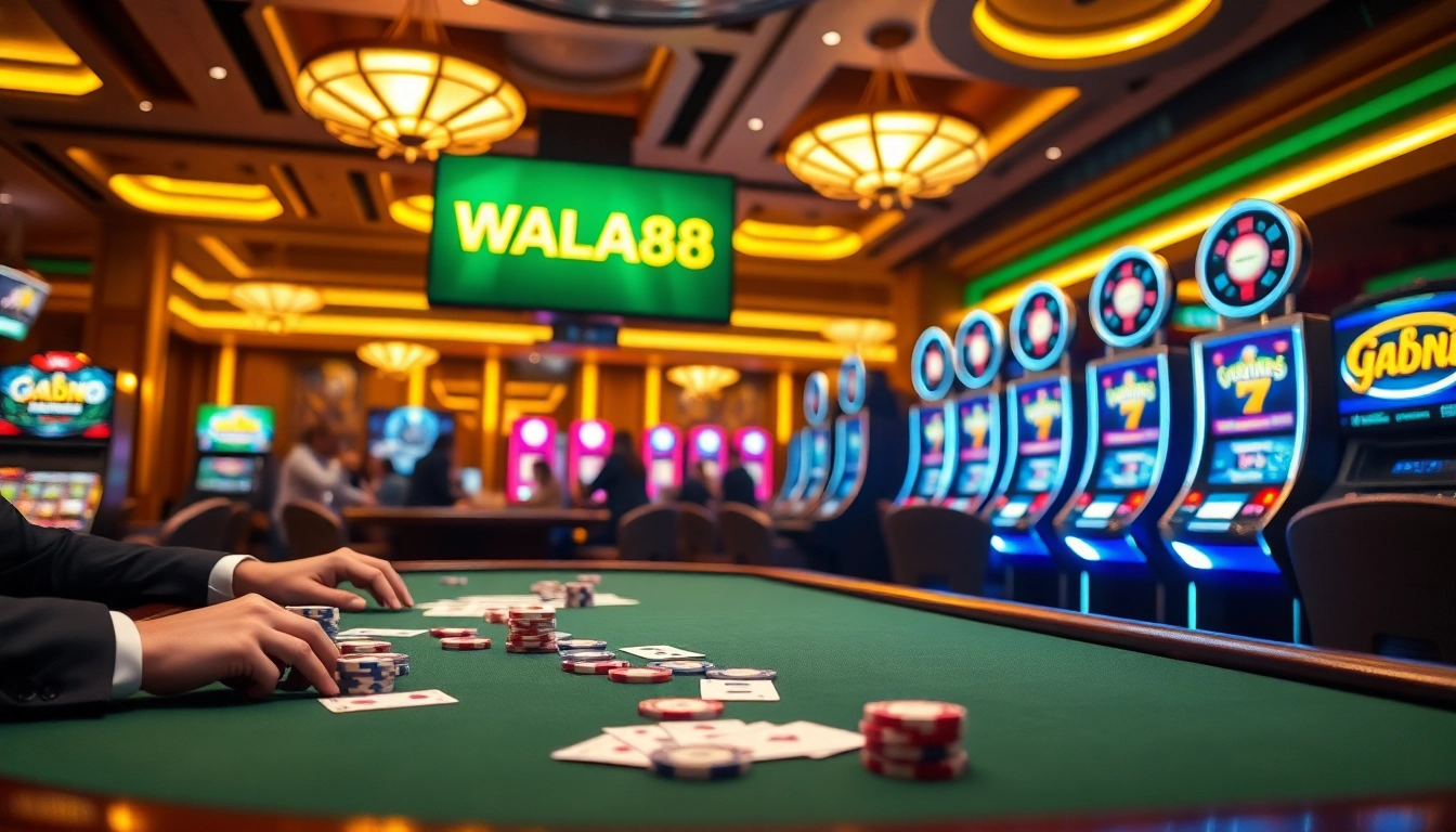 WALA88 players enjoying an exciting casino scene with poker chips and slot machines.