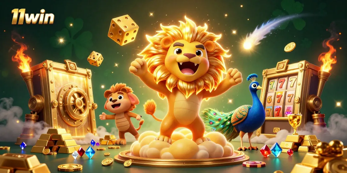 Experience thrilling wins with 11win in a vibrant casino-themed scene filled with treasures.