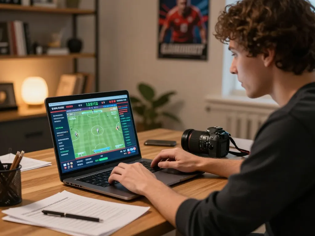 Person engaging in online sports betting from a stylish home office, showcasing tactical strategy notes and a laptop screen.