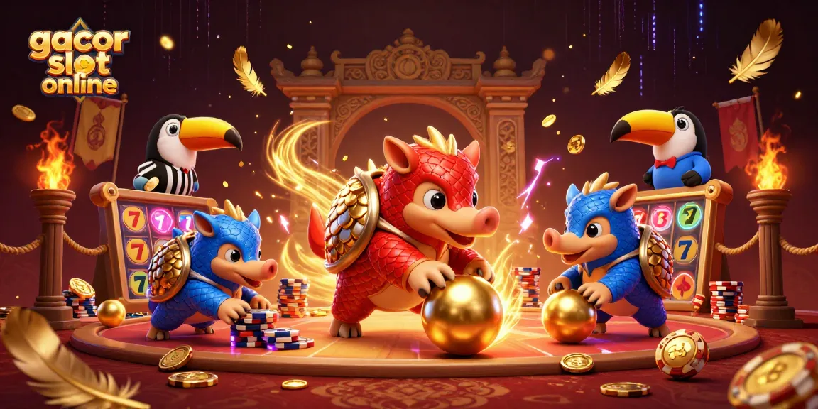 Experience gacor slot online as rival pangolins compete amid golden scales and vibrant casino elements.