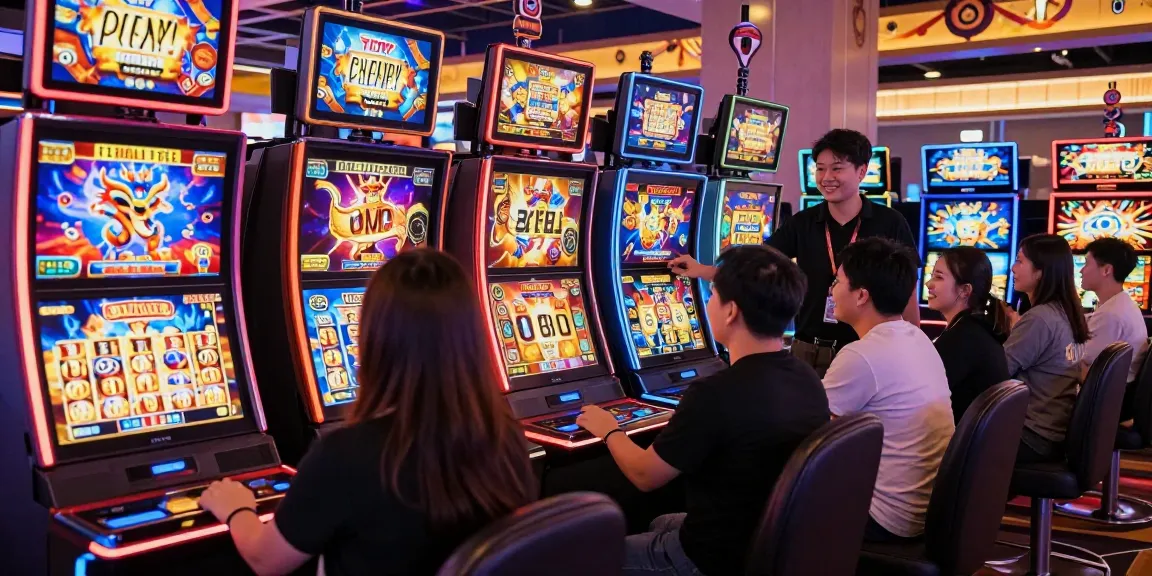 Engaging players at a lively slot gaming area with colorful machines.