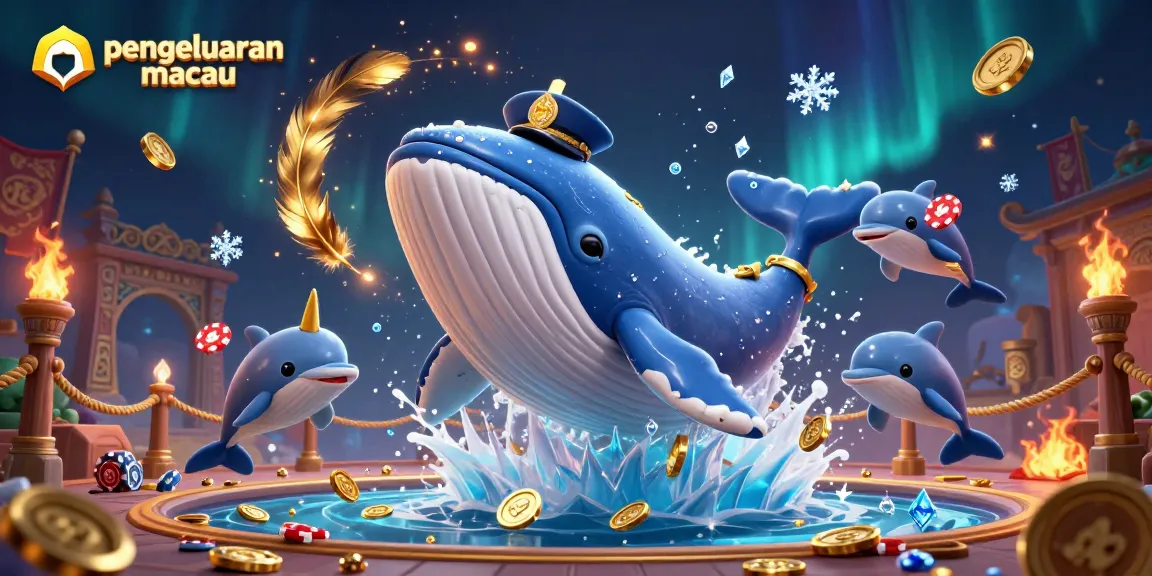 Memenangkan pengeluaran macau di kasino dengan ilustrasi paus 3D dan koin emas yang bersinar.