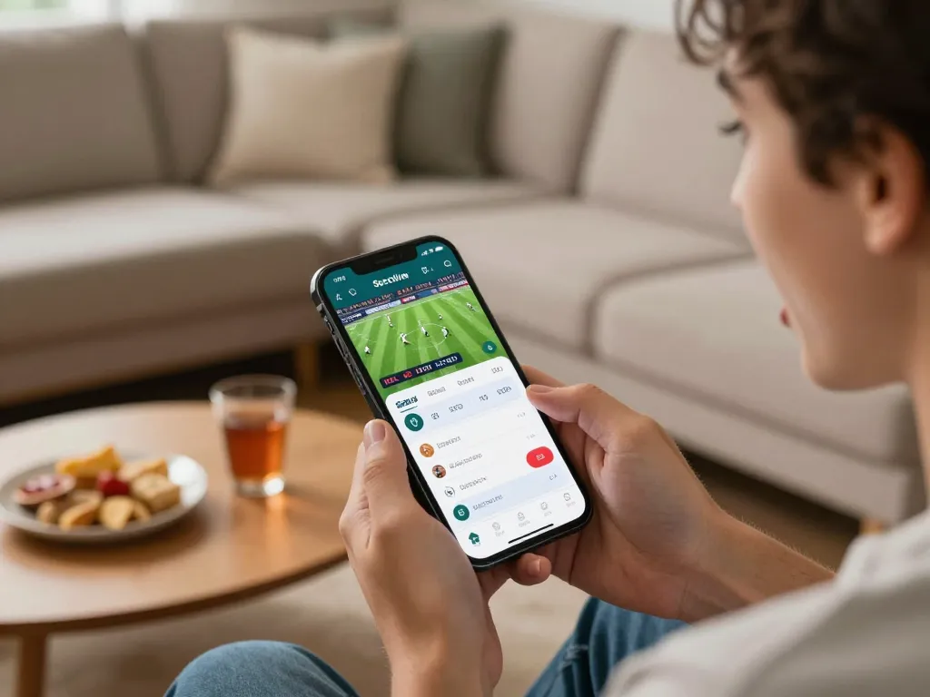 Socolive trực tiếp displays live football betting odds on a smartphone amid an engaging home setting.