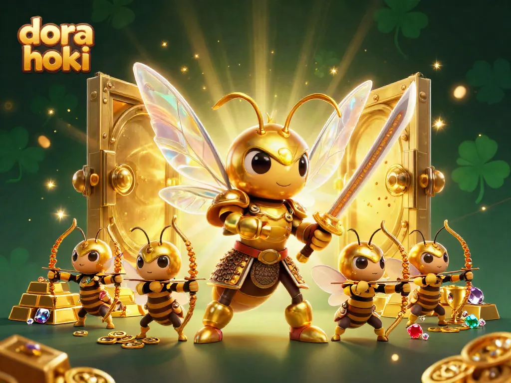 Dora Hoki menghadirkan visual kasino yang menarik dengan karakter 3D dan harta karun berkilau.